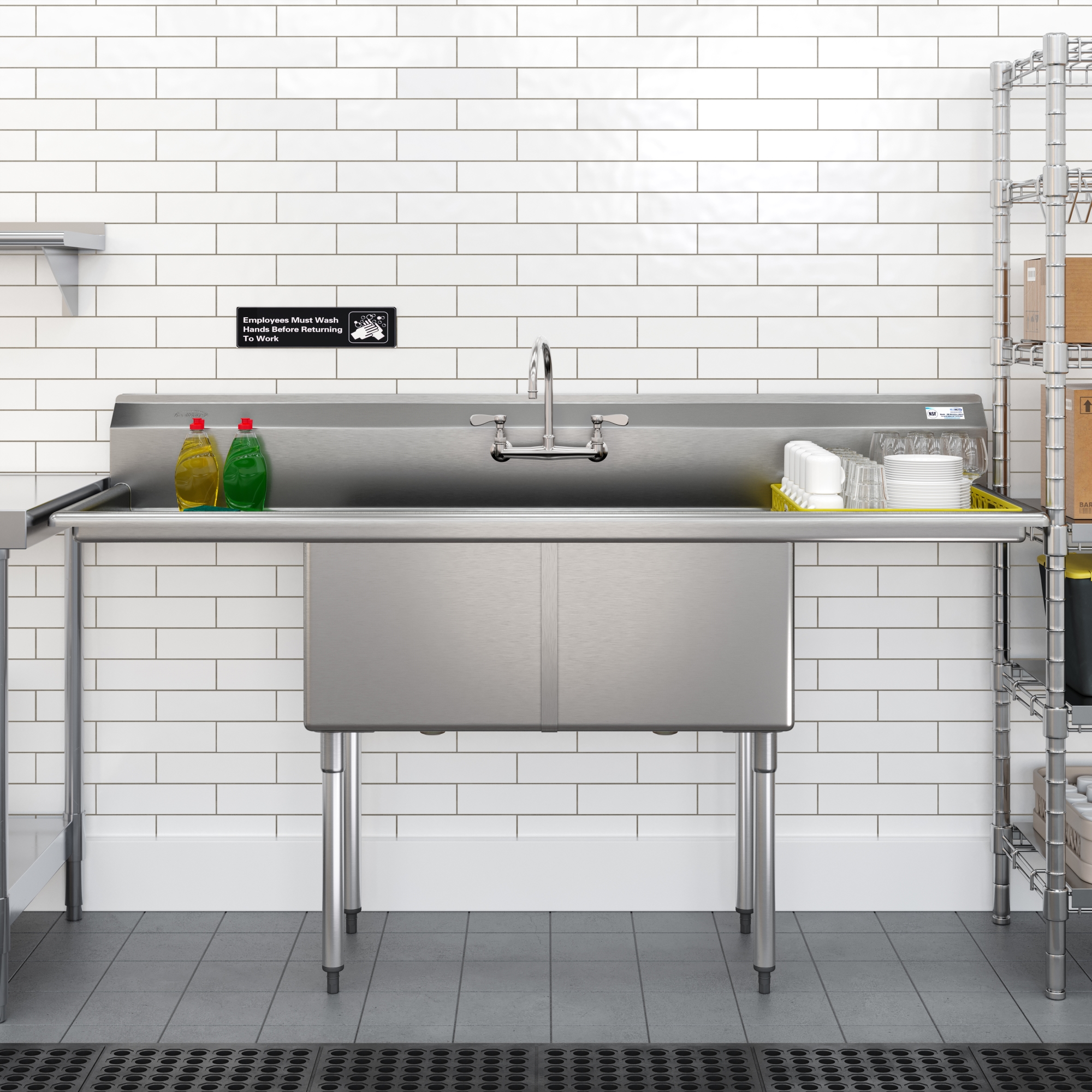 72 in. 18-Gauge 2-Compartment Commercial Sink with Backsplash and Dual 18 in. Drainboards, Bowl Dimensions 18"x18"x14" in Stainless-Steel (KM-SB181814-18B3)