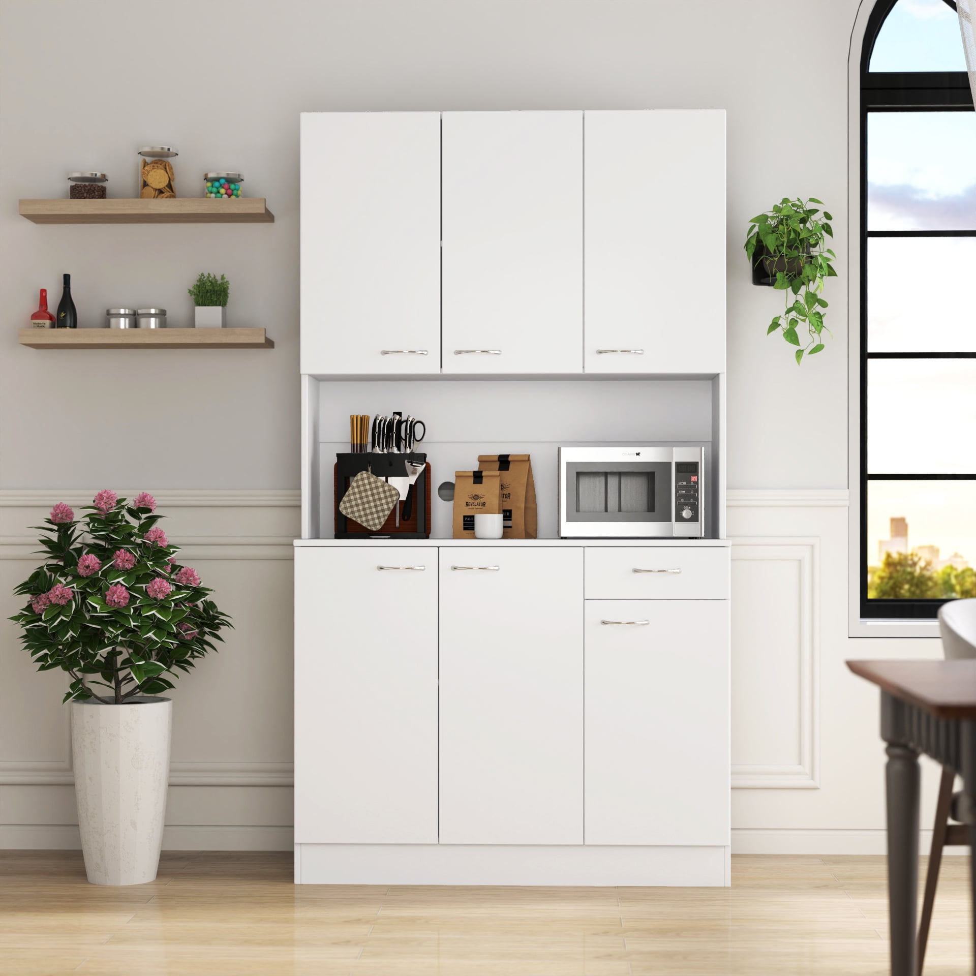 Mintazer 70.8" Tall Kitchen Pantry Cabinet with Open Shelf, Freestanding Food Storage Cabinet with Drawer & 6 Doors for Hallway Living Room Kitchen, White