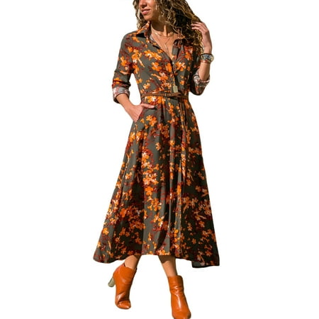 Women Button Shirt Dress Long Sleeve Maxi Casual Party Autumn Winter Baggy Turn-Down Neck Pockets Tea Dress with Belt