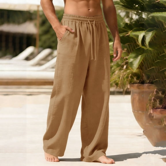 Blmnix Lightweight Pants Mens Pants Linen Pants Baggy Palazzo Pants Straight-Leg Long Low Waisted Yellow Mens Pants Casual,XL