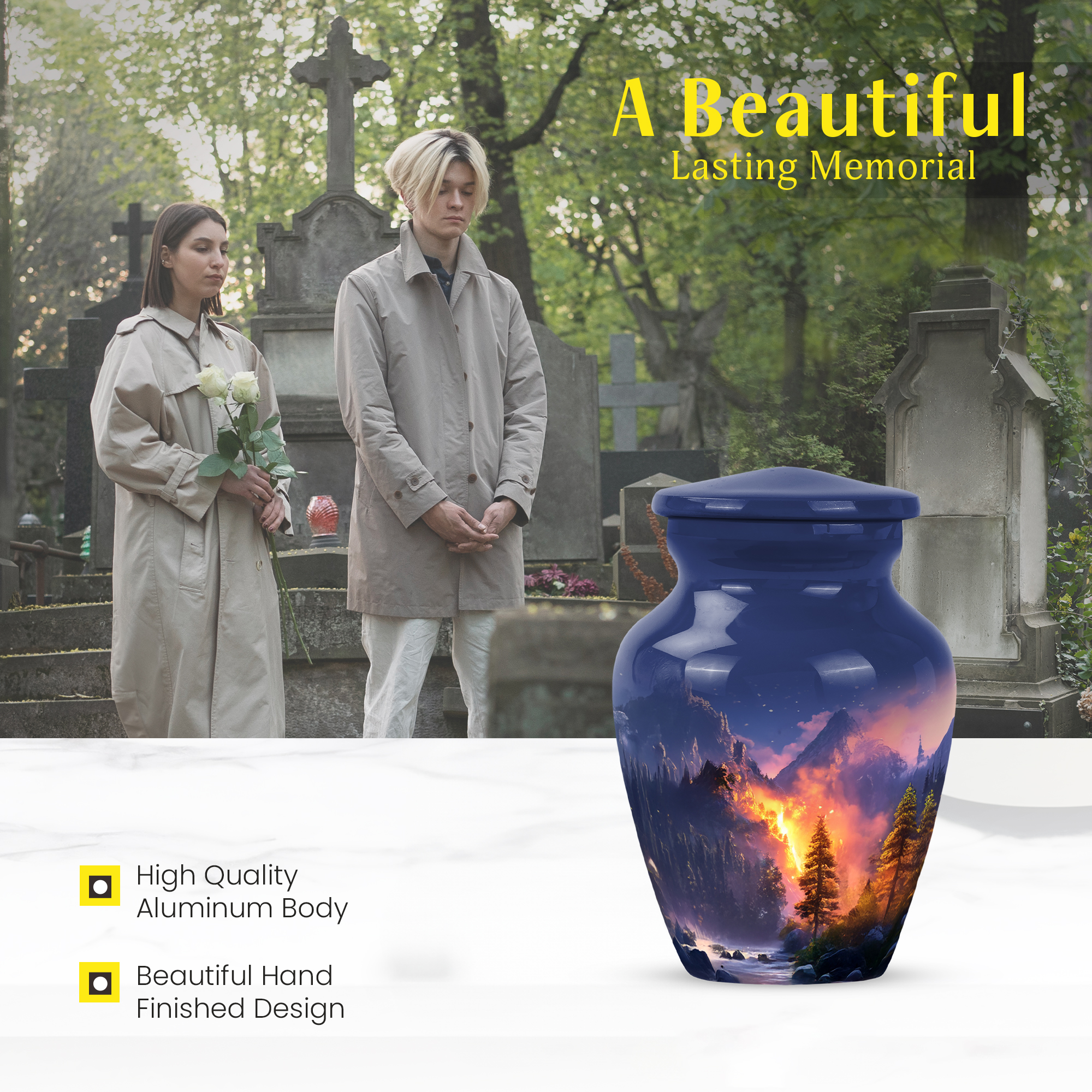MUKTIVE Waterfall Keepsake Cremation Urns for Adult Ashes for Women, Mini Blue Mountain Burial Urn for Ashes for Women, Unique Urn, Tiny Fiery Forest Memorial Funeral Gift for Mom & Dad 3 Inch