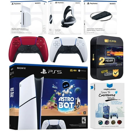 Sony PlayStation 5 Astro Bot Slim Digital Bundle with Disc Drive, Pulse Elite Headset, Extra Controller, Vertical Stand, MightySkins Voucher and 2 Year Extended Warranty - Volcanic Red