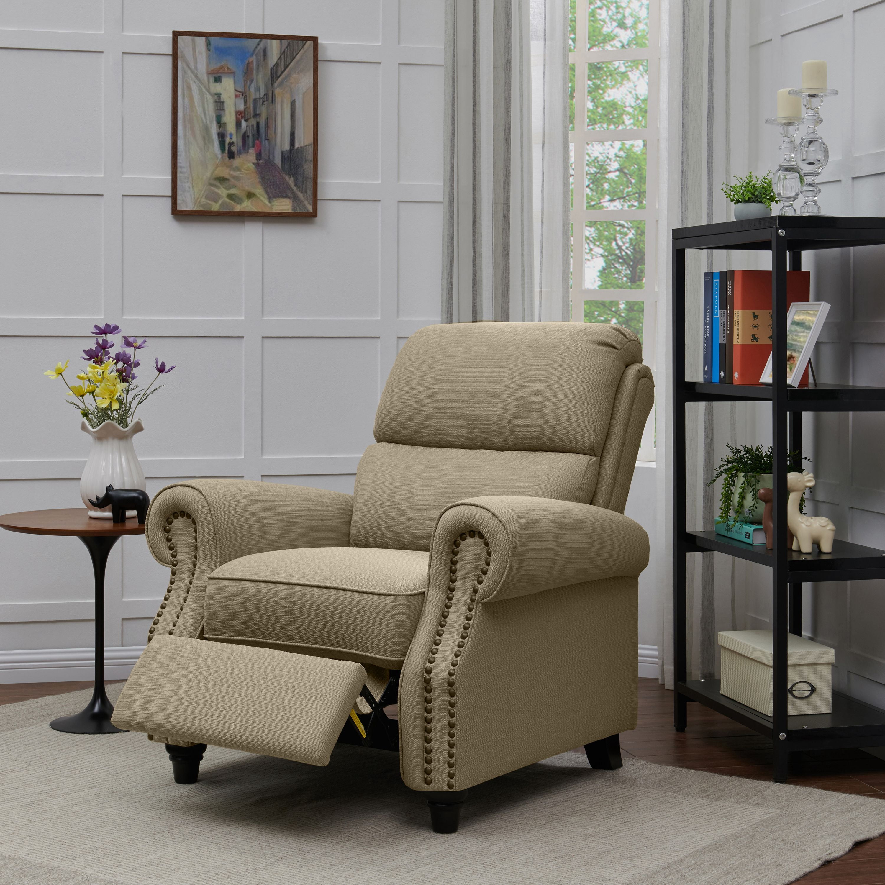 Homesvale Cari Linen Push Back Recliner Chair, Tan Linen