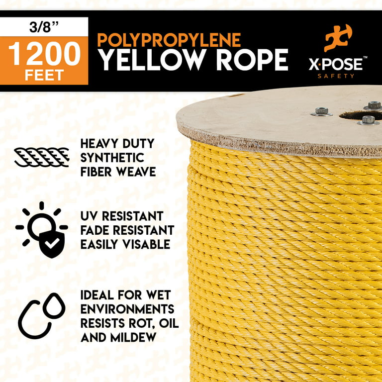  Yellow Twisted Polypropylene Rope - 3/8 Floating Poly Pro Cord  1200 Ft - Resistant to Oil, Moisture, Marine Growth and Chemicals - Reduced  Slip, Easy Knot, Flexible - by Xpose Safety 