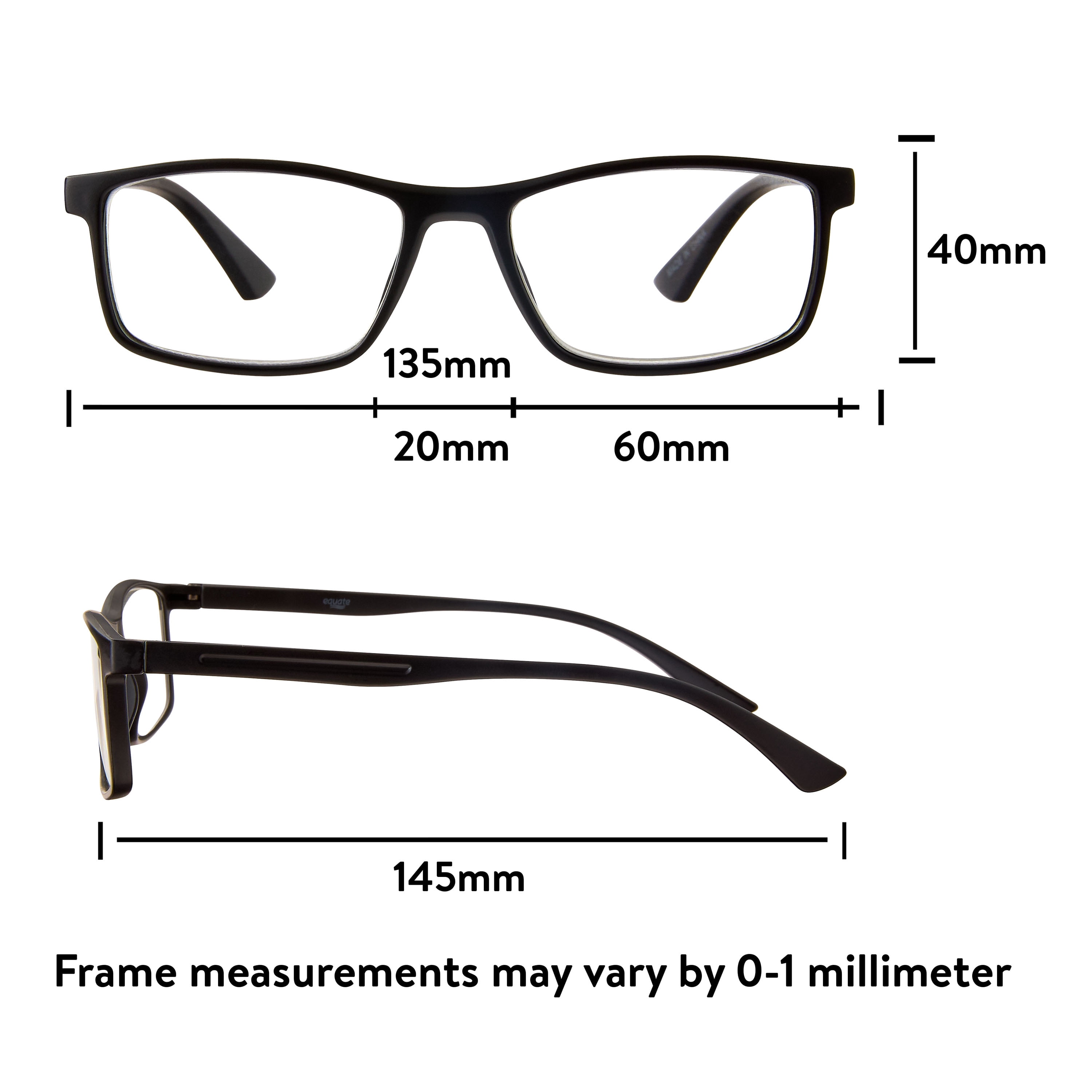 (2 pack) Equate Men's Jackson Rectangular Reading Glasses with Case, Matte Black, +3.00