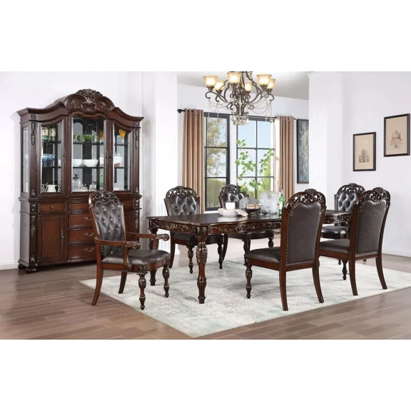 Formal Traditional 7pc Dining Set Brown Cherry Dining Table w Leaf 2x Arm Chairs 4x Side Chairs