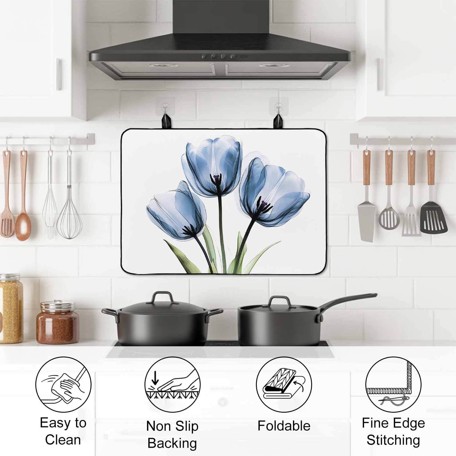 Blue Tulips Stove Top Cover for Electric Stove, Heat-proof & Non Slip Glass Top Stove Cover Protector, Country Retro Aesthetic Floral Flower Kitchen Flat Cooktop Rubber Mat 24x21 Inches