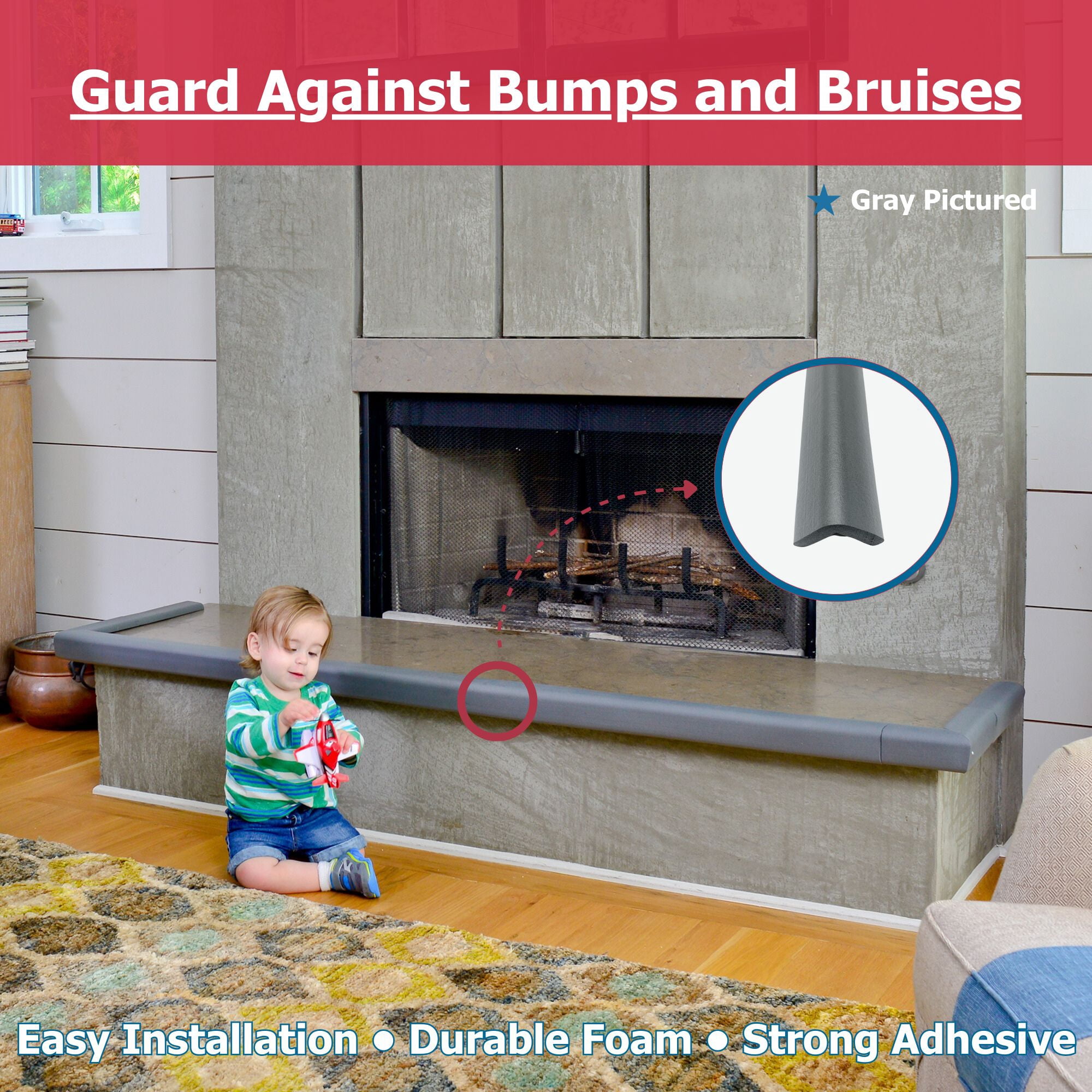 Cardinal Gates SPK Small Hearth Pad Kit - Fireplace Baby Proofing - Adhesive Backed Fireplace Bumpers for Babies - 4 Foot Roll of Padding & Two 6" x 9" Corners - Made in The USA - Gray