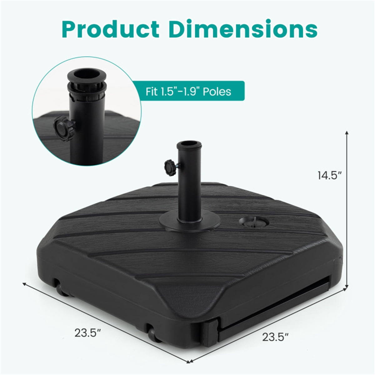 Rolling Fillable Patio Umbrella Base with Foldable Pull Rod & Hidden Wheels Heavy Duty Water Sand Weighted HDPE Umbrella Stand with 2 Pole Adapters for 7.5–11ft Umbrellas Black Wood Grain