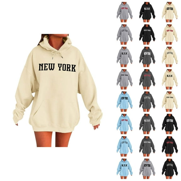 New York Hoodies for Women 2025 Fall Winter Long Sleeve Hooded Sweatshirt with Pockets Pullover Tops Streetwear