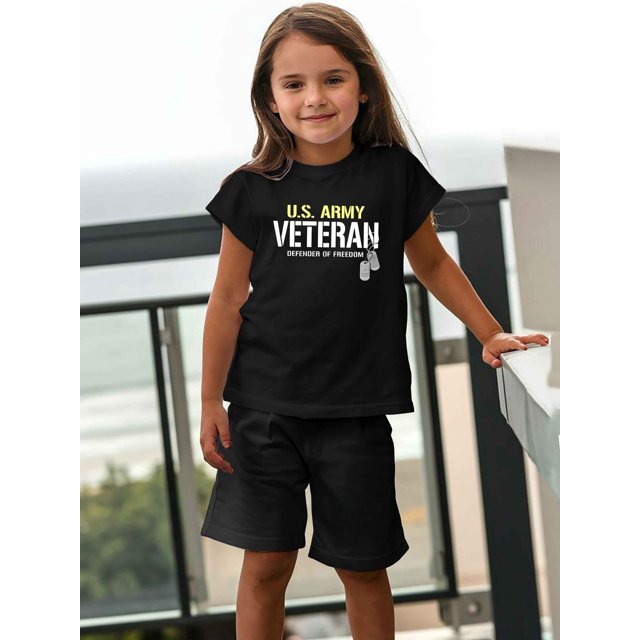 US Army Veteran Printed T-Shirt for Girls, Casual Crew Neck Short Sleeve Top TEE, Cotton Knit Fabric, Summer Sportswear, Regular Fit, for Outdoor