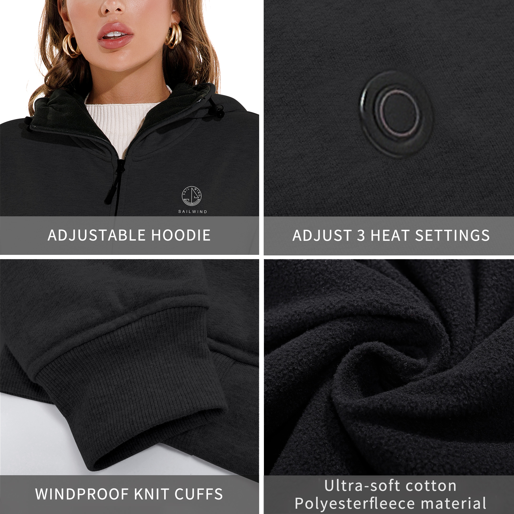 SAILWIND Women’s Heated Hoodie with Battery Long sleeve Black Coat ...
