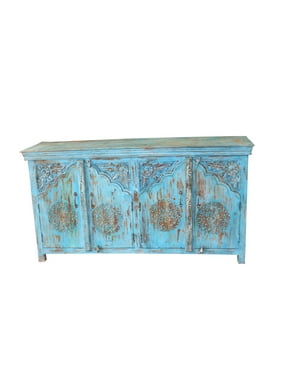 Mogul Jaipur Blue Distressed Arched Door Sideboard Indian Console Rustic Chest Buffet Cabinet Storage Bohemian Design