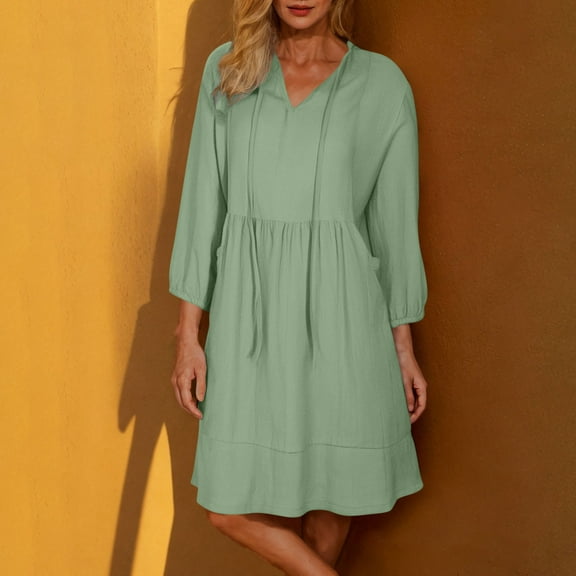 BLTIBY Womens Casual Dress Summer V Neck Drawstring Solid Color 3/4 Sleeve Dress Fashion Comfortable Loose Tunic Dresses Green XXL