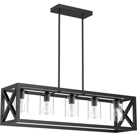 

JSTCL Industrial Rectangular Chandelier，Black Farmhouse 40 Inch Large Kitchen Island Pendant LightingDining Room 5 Lights ChandelierVintage Dining Ceiling Light Fixture Over Pool Table