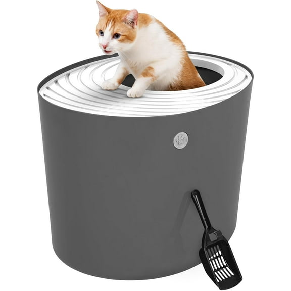 Cat Litter Box, Large Top Entry with Litter Catching Lid and Scoop, Dog Proof, Cat Box Enclosure, Dark Gray/White