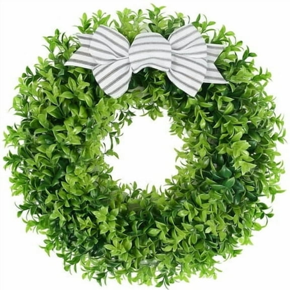 18" Faux Round Boxwood Wreath, Artificial Boxwood Wreath Front Door Wreaths Artificial Spring Summer Greenery Hanging with A Plaid Bow and sash for Front Door Wall Hanging Window Wedding Decor