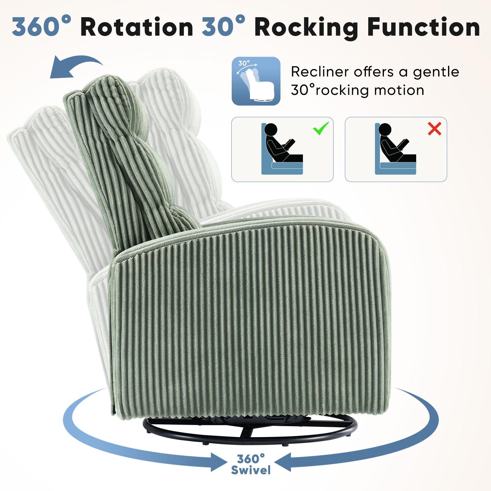EDX 360°Swivel Nursery Chair, Comfy Chair for Bedroom, Rocking Chair with Thickened Seat Cushion, High Back Sofa Chairs for Living Room, Nursery Room and Reading Room, Green