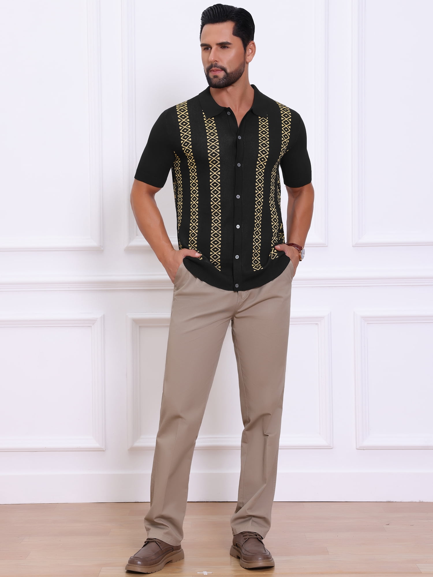 DARING DIVA Men's Jacquard Short Sleeve Button Down Knitted Golf Polo Shirts 2XL Black