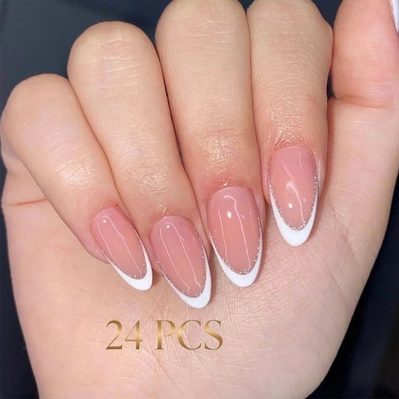French Tip Press-On Nails, Almond,Solid Color,Medium, 24 Count