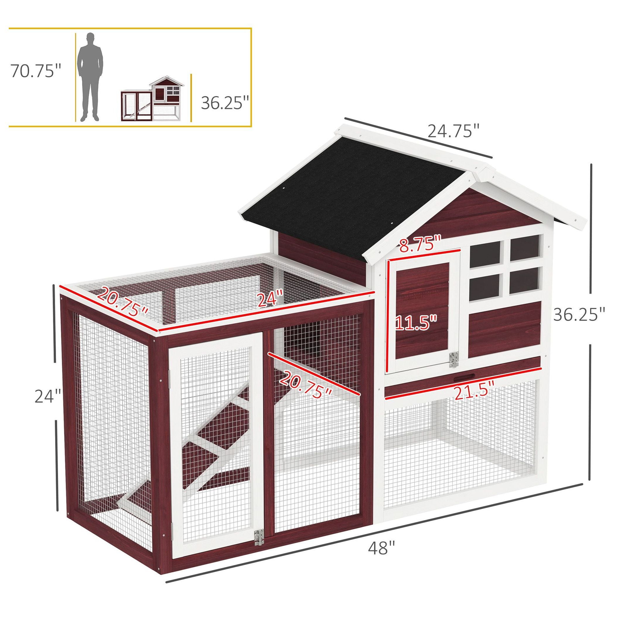 PawHut Large 48" Wooden Bunny Hutch with Weatherproof Asphalt Roof, Spacious Outdoor Rabbit Cage, Detachable Tray and Ramp, Natural Habitat, Brown