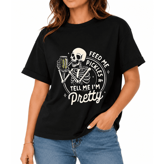 Women's Skeleton Pickle Skeleton Halloween Graphic T-Shirt, Fall Party Casual Short Sleeve Tee