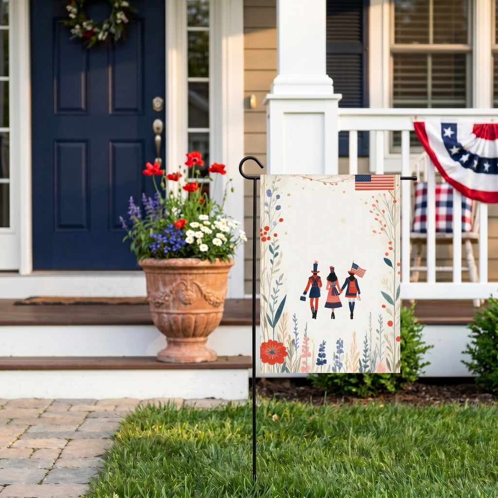 America 250 Garden Flag: A group of people walking through a field of flowers. with America 250 Decorations for July 4th Outside