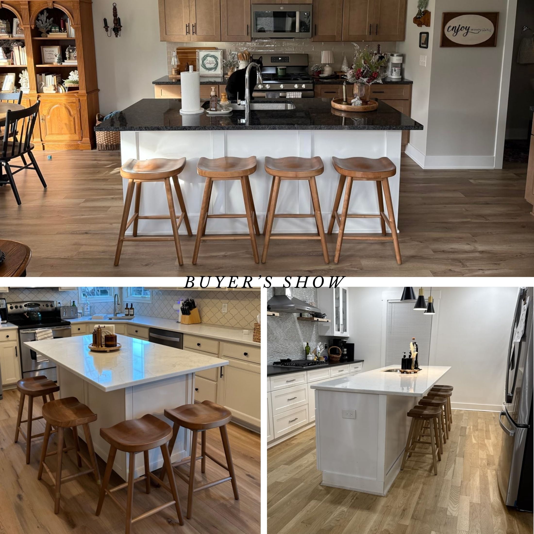 Guyou Backless Counter Stools Set of 2, 24 Inch Rustic Farmhouse Wooden Saddle Stools, Bar Stools for Kitchen Island Bar Bistro, Brown