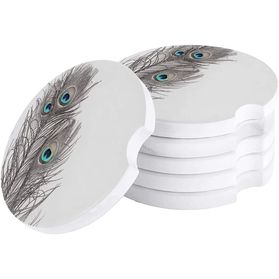 FMSHPON Grey Peacock Feathers Simple Pattern Set of 4 Car Coaster for Drinks, Absorbent Ceramic Stone Coasters Cup Mat with Cork Base for Home Kitchen Room Coffee Table Bar Decor