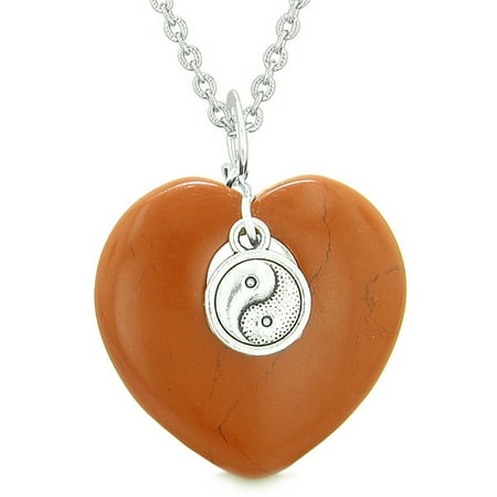 Red Jasper Heart Necklace - Yin Yang Balance Powers Puffy Magic Heart Amulet Red Jasper Pendant 22 inch Necklace