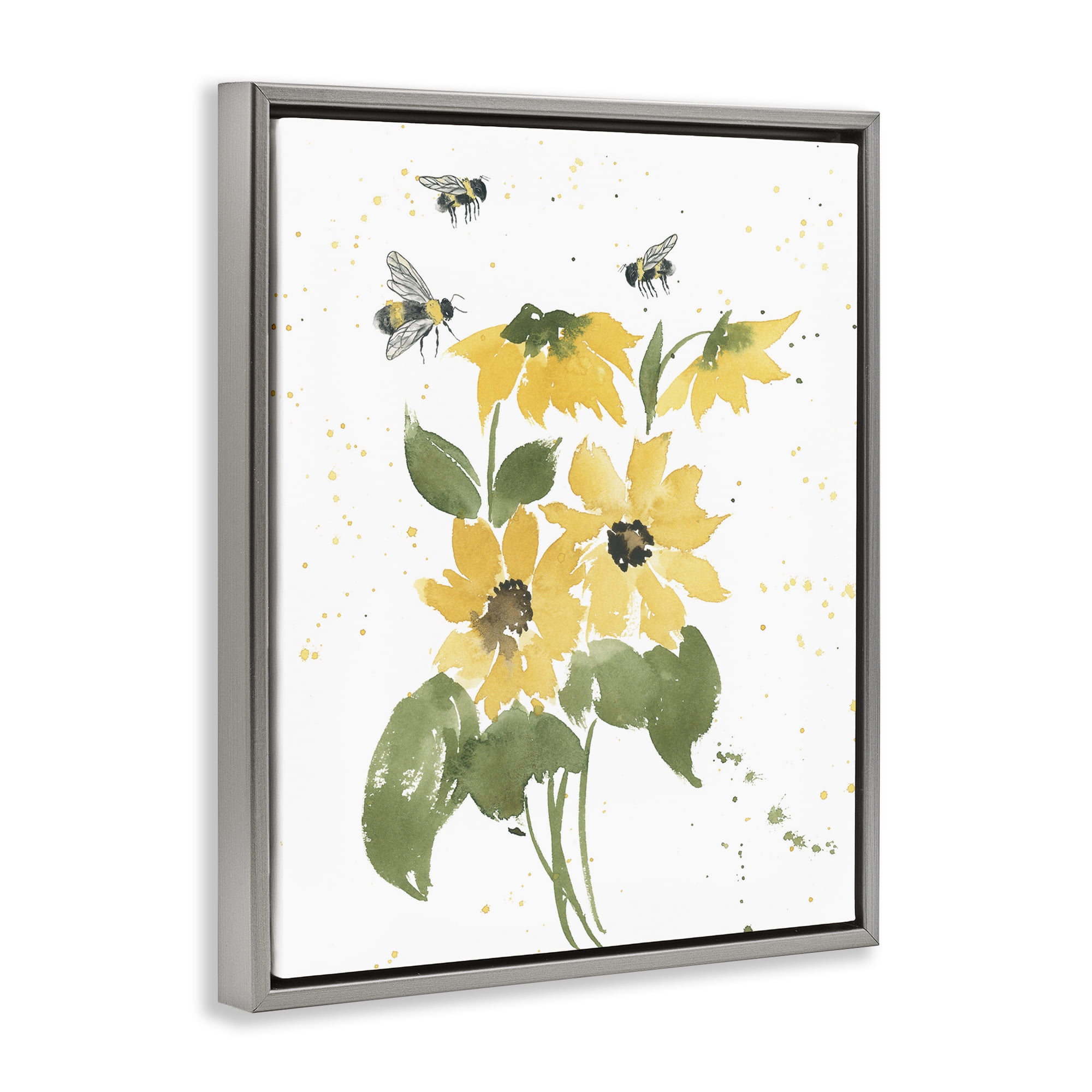 Stupell Industries Bumble Bees & Daisies Botanical & Floral Painting Gray Floater Framed Art Print Wall Art, 25 x 31