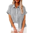 thumbnail image 2 of Womens Summer Tops Summer New Ladies Loose Blouses Lapel Rolled Short Sleeve Button Shirt Tee Shirt Casual Loose Blouses T Shirts, 2 of 5
