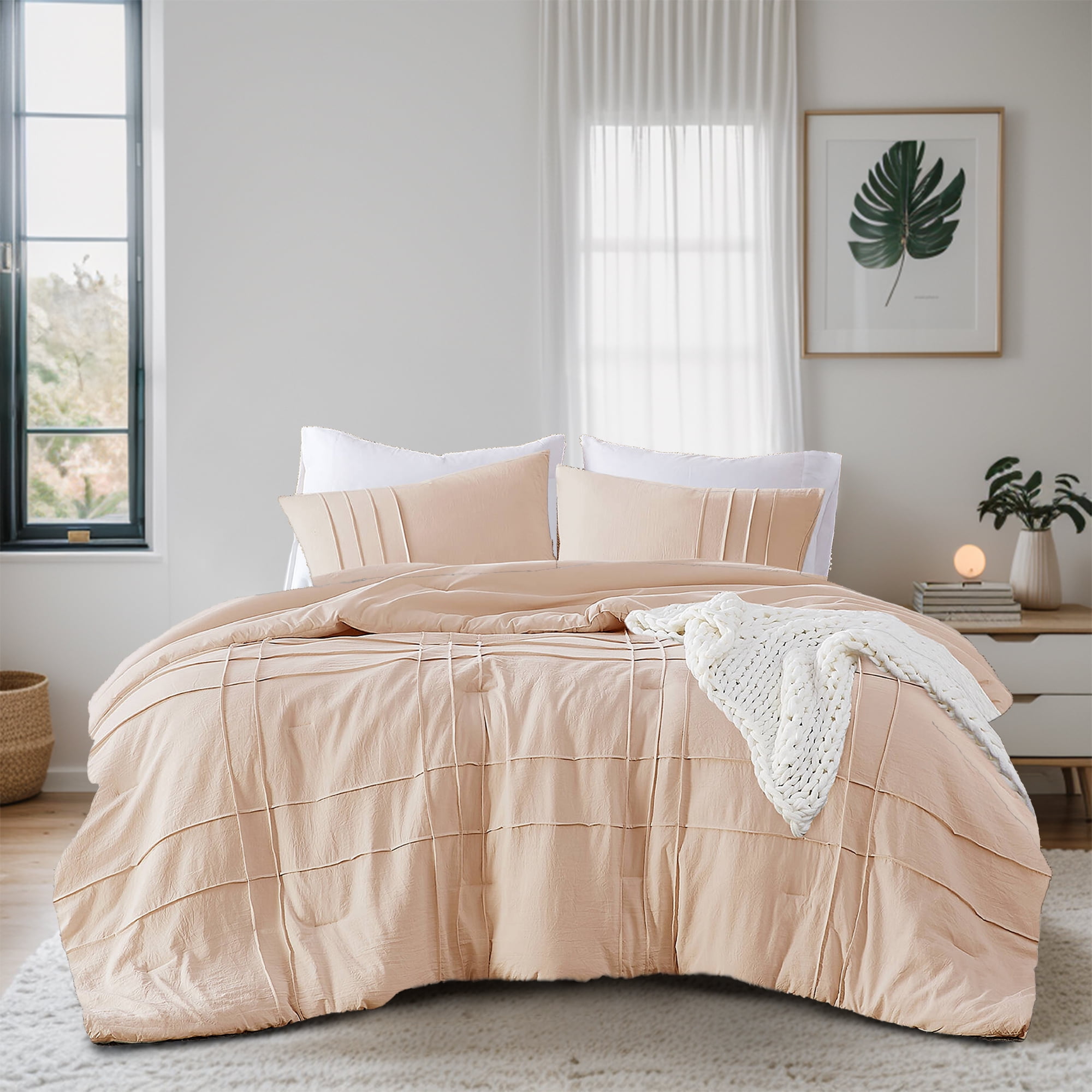 Regency Heights Cal King Comforter Set, Boho 3-Piece Pintuck Stitching Bedding Set, Soft Washed Pleated Bed Sets with Pillow Sham Blush