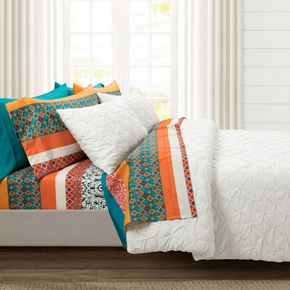 Lush Decor Boho Stripe Soft Sheet Set Turquoise/Tangerine 6Pc Queen