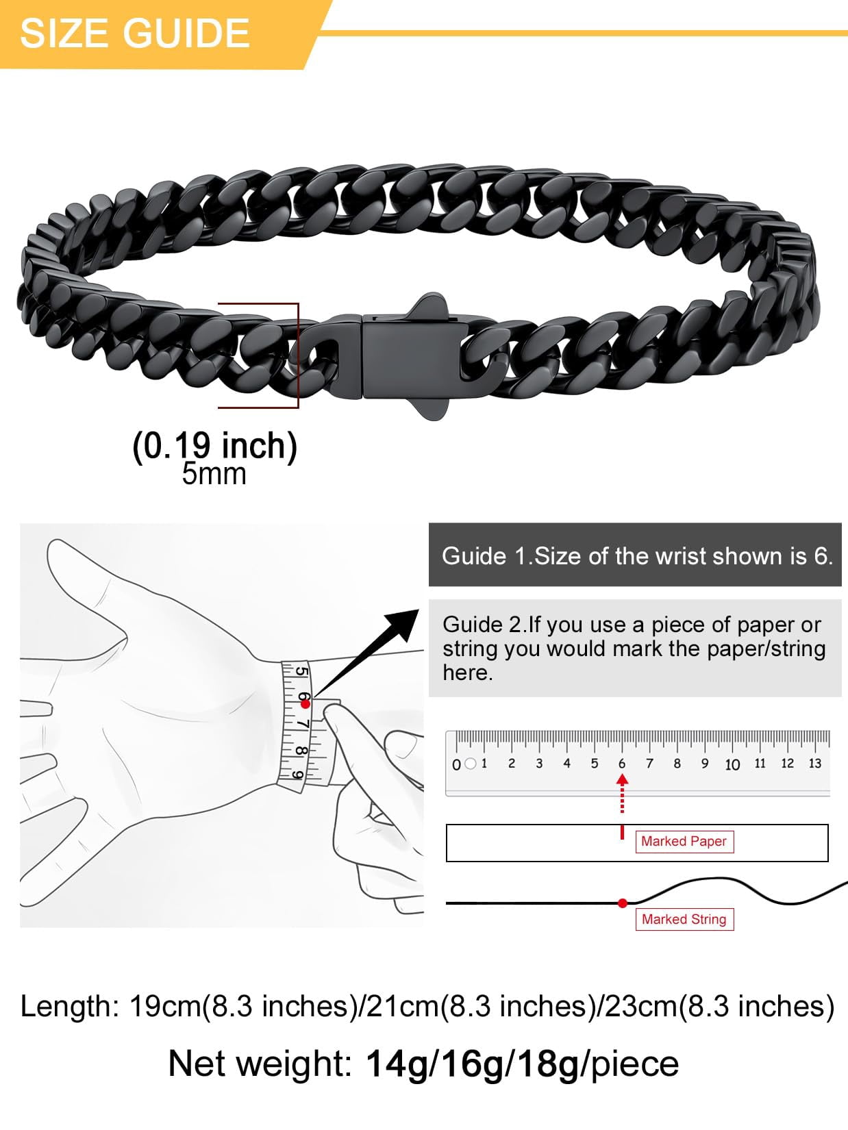 U7 Black Miami Cuban Bracelet for Men 5mm Charm Bracelet Chain Stainless Steel Birthday Valentines Jewelry Gift 7.5inch