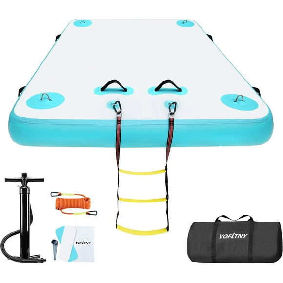 Cyan 5ft x 6ft x 6"Inflatable Floating Dock Swim Air Platform Island Raft Mat for Lake Pool Beach Ocean with Rope Ladder, Non-Slip Surface
