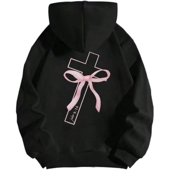 Women's Winter Long Sleeve Sweatshirt Comfortable, Soft Hoodie with Cross and Pink Bow