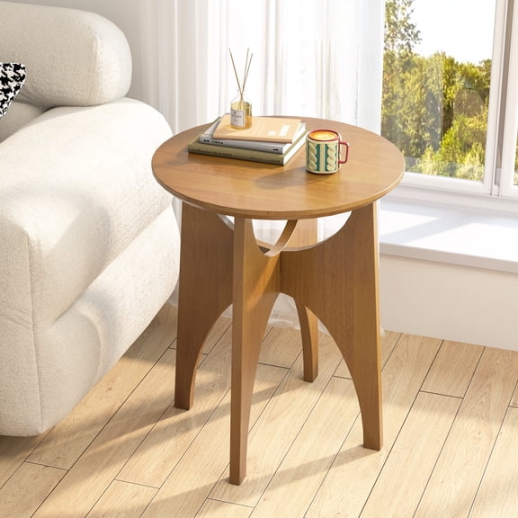 Round Side Table Living Room, Solid Wood End Table, Mid Century Modern Small Coffee Side Tables for Small Spaces, Farmhouse Accent Tables, Round Nightstand for Living Room, Bedroom Office, Walnut