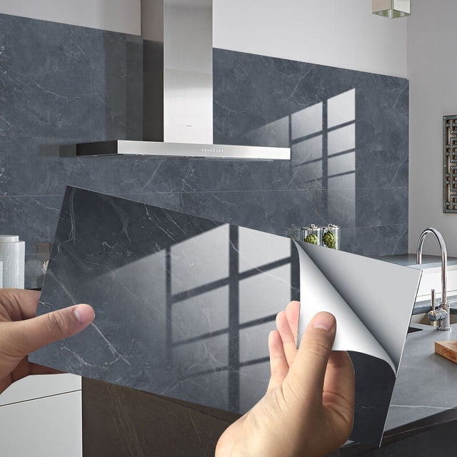 Pegatinas Adhesivas Decorativas Rectángulos para Azulejos de Baño y Cocina, Decoración Adhesiva Impermeable con Mosaico de Patrón de Mármol 3D, 30x15cm (Antracita, 16 Piezas),
