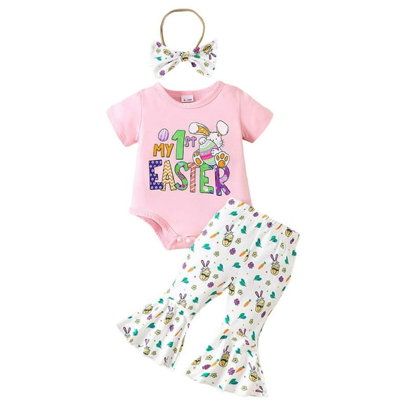Rhuody Girls Easter Outfits Infant Girls Short Sleeve Cartoon Prints Bodysuit Crewneck Romper Pants Headbands Casual Springs Clothes Pink 6-12 Months