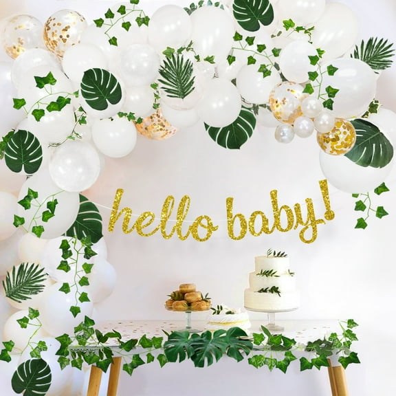 Sweet Baby Co. Boho Greenery Baby Shower Decorations Neutral with Balloon Garland Arch Kit, Oh Baby Banner, Green Leaves, Ivy Vines
