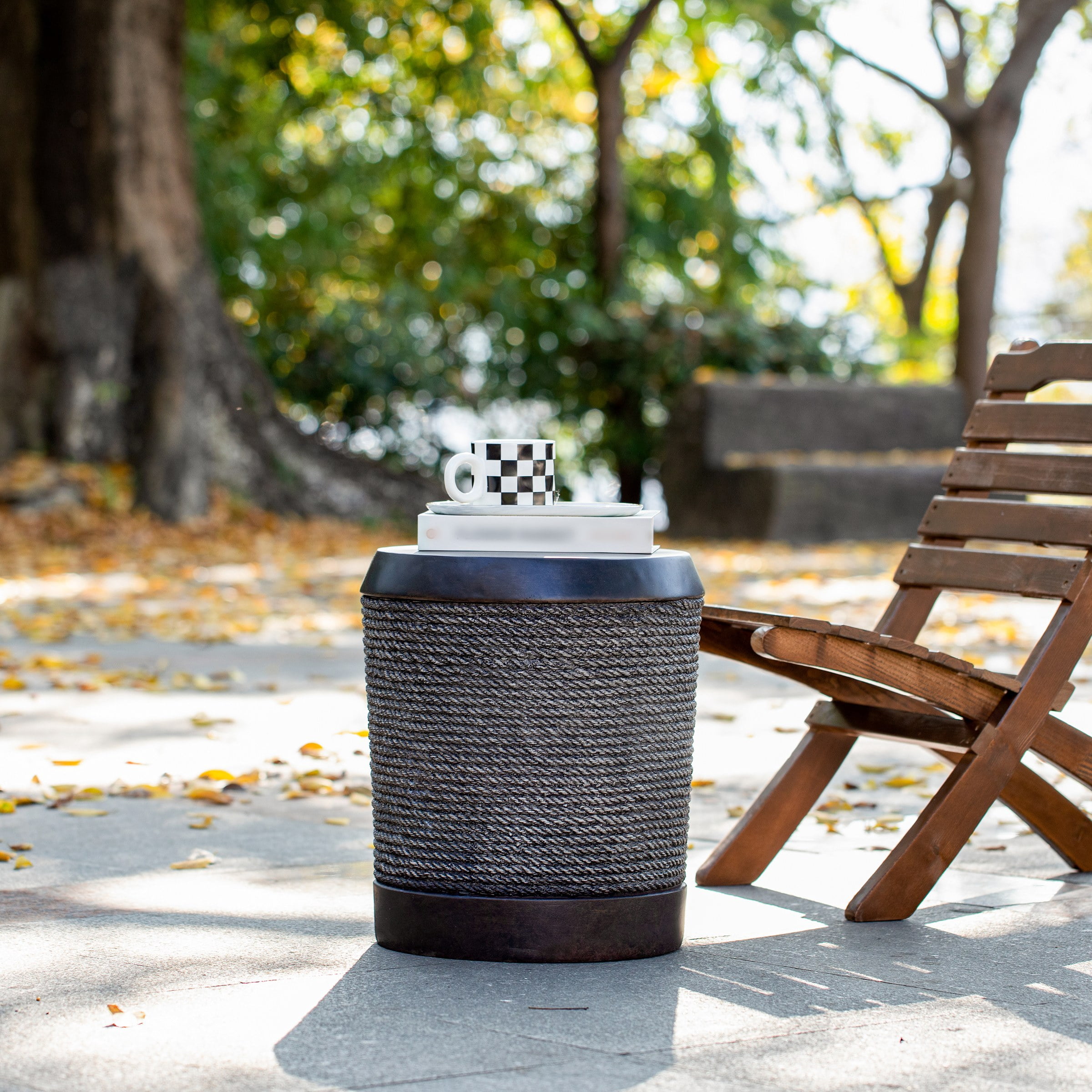Outdoor Dark Brown Simulated Braided Cord MGO Side Table with Vintage Trim, Indoor Retro Cylindrical End Table for Home & Patio Decor