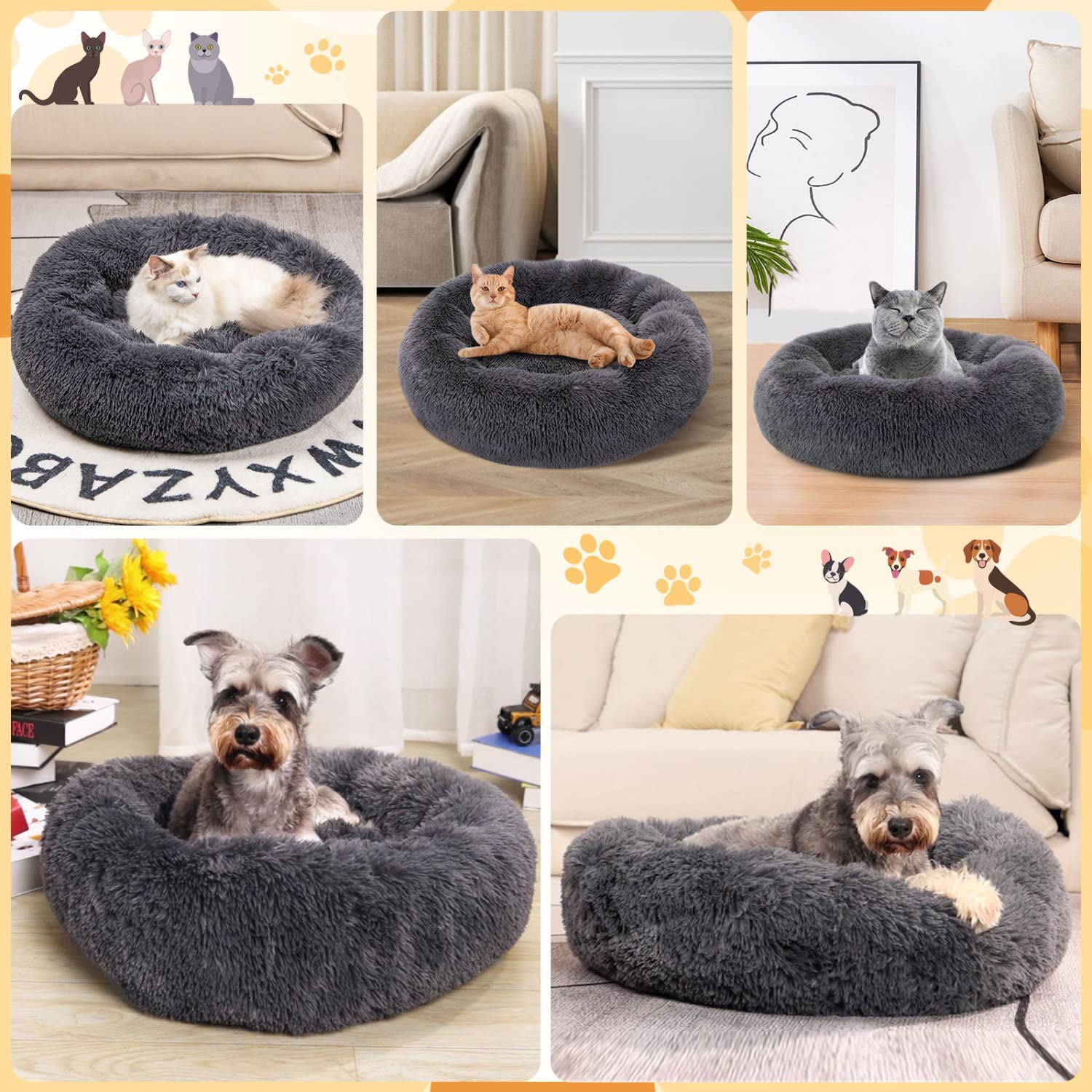 28 Inch Round Plush Pet Bed for Dogs & Cats, Fluffy Soft Warm Calming Dog Bed Cozy Faux Fur Dog Bed Sleeping Kennel Nest, Dark Grey - image 4 of 9