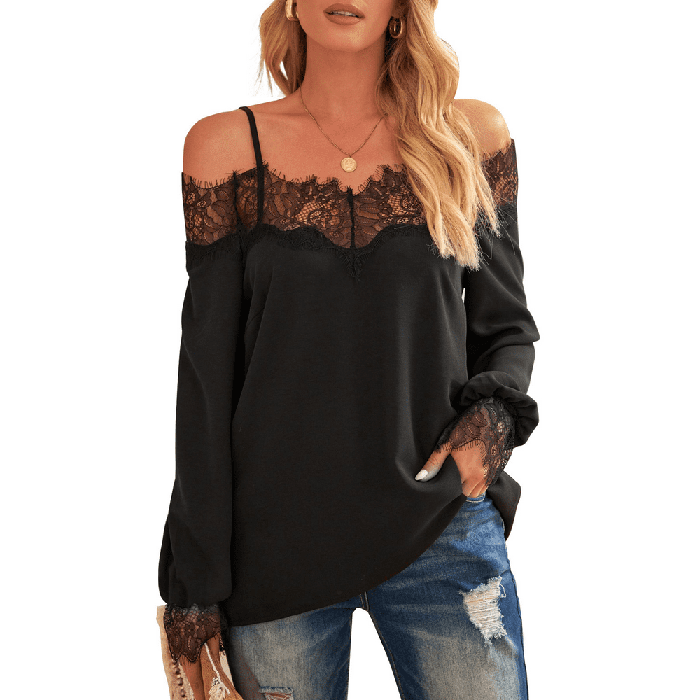 Dokotoo - Dokotoo Women's Black Cold Shoulder Shirts Casual Lace Tops ...