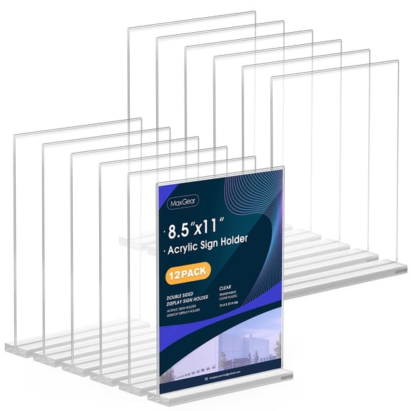 MaxGear Acrylic Sign Holder 8.5x11 Inches 12 Pack, Clear Table Display Stand Desktop Paper Holder, Standing Menu Flyer Holder Vertical Plastic Sign Frame