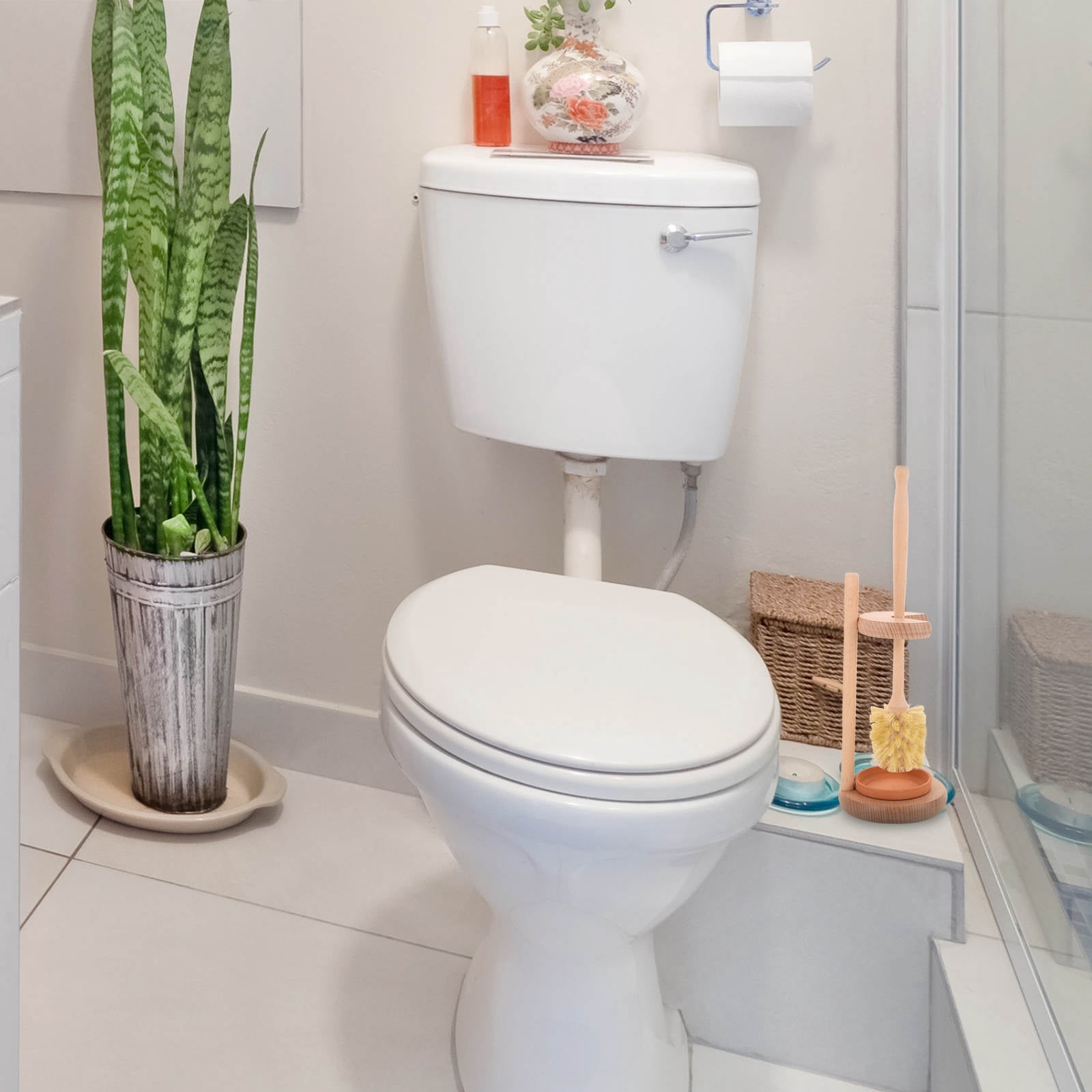 WEUVEB Toilet Brush Set with Khaki Wood Handle and Ceramic Holder, Bathroom Cleaning Tool for Easy Toilet Maintenance