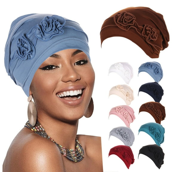 Floral Pleated Turban Headwrap Bohemian Ethnic Hair Cover Cap with Flowers