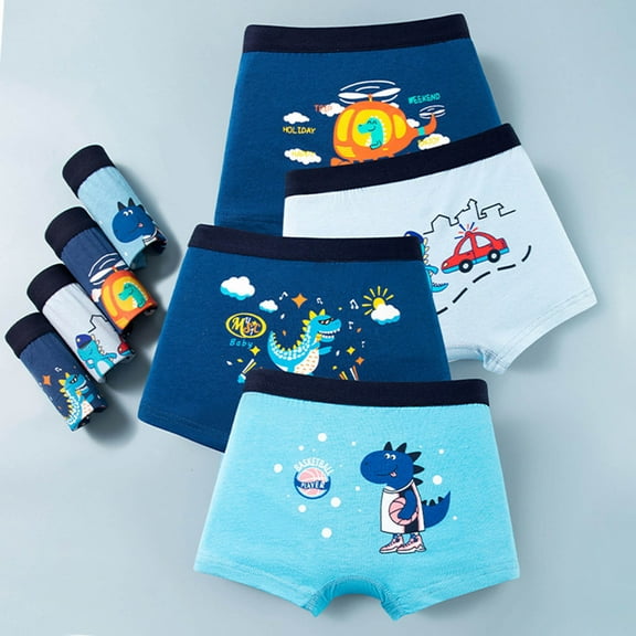 Boys' Boxer Briefs Cartoon Dinosaur Car Boys Briefs For Kids Comfortable Breathable Soft Elastic Waistband Boyshorts Underwear, 4 Pack, 4-14 Years