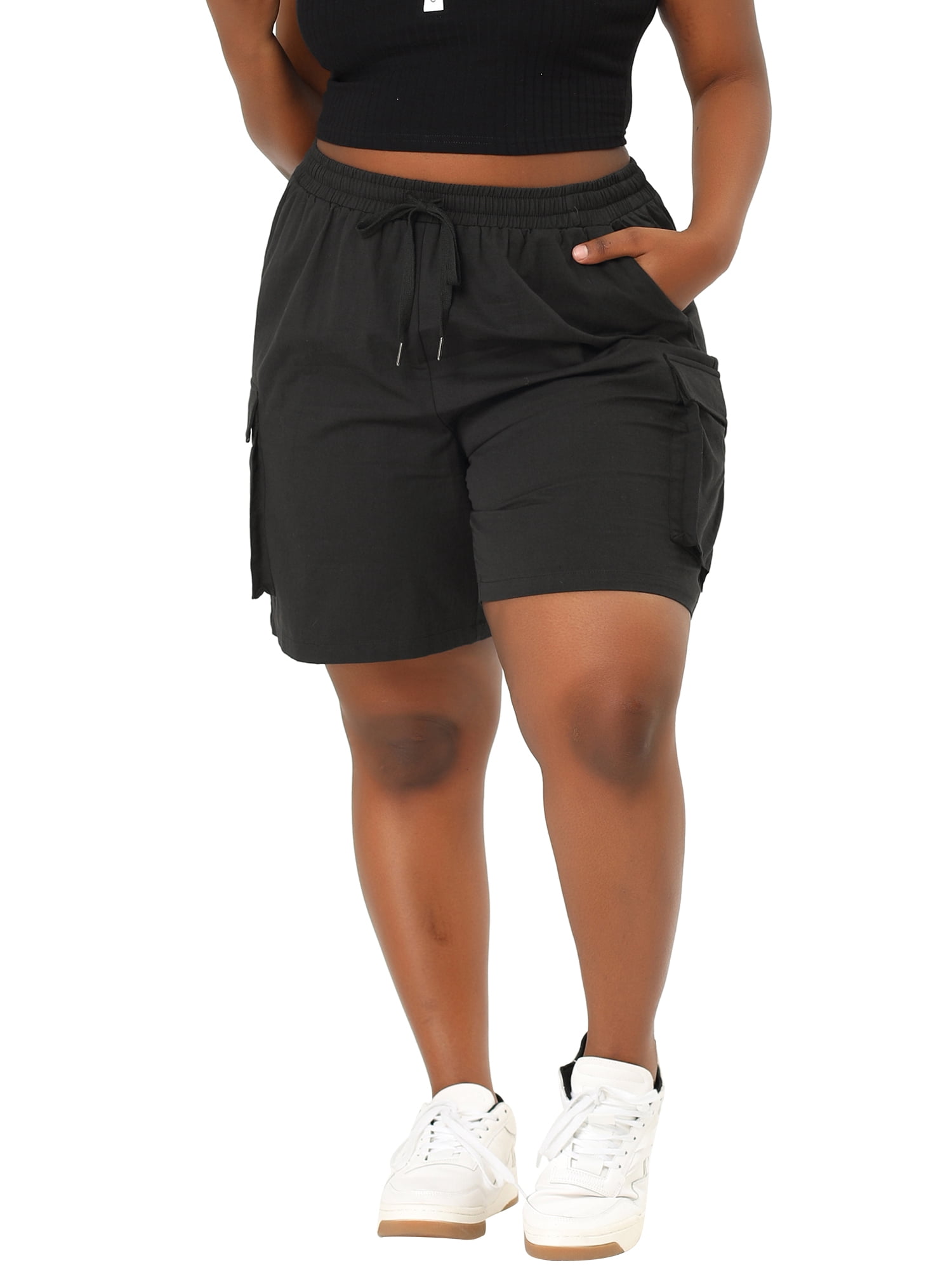 FAB CURVES Women's Plus Drawstring Elastic Waist Cargo Shorts
