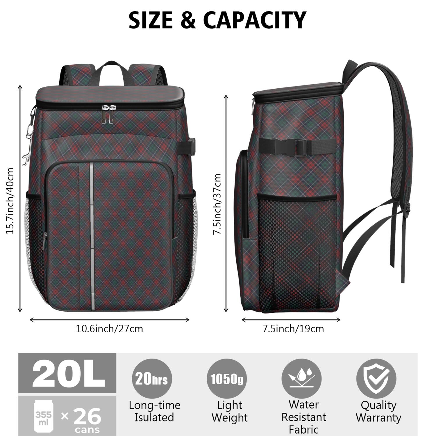 Travel Cooler Bag - Green and Red Christmas Plaid Pattern Camping Beer Cooler Backpack with Bottle Opener- Waterproof Insulated Picnic Backpacks - Cooler Bag for Beach